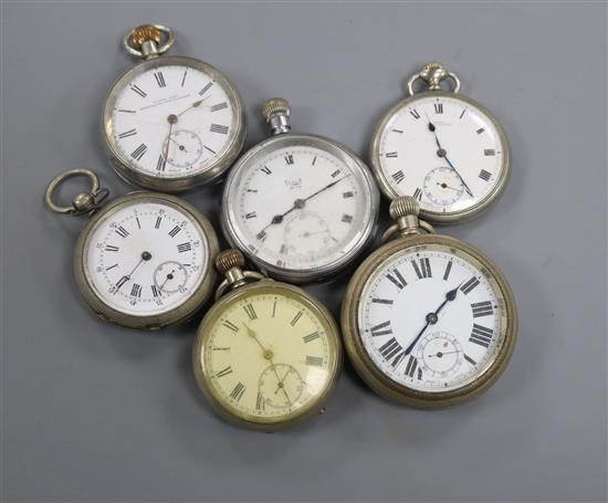 Six assorted base metal pocket watches.